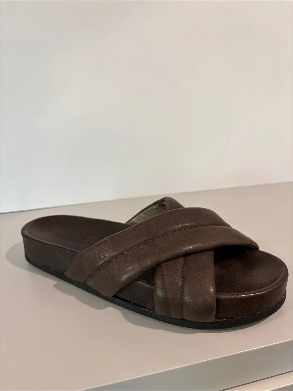 The Last Conspiracy Brown Leather Cross Strap Slides Sandals EU 40 Minimalist - Picture 3 of 13